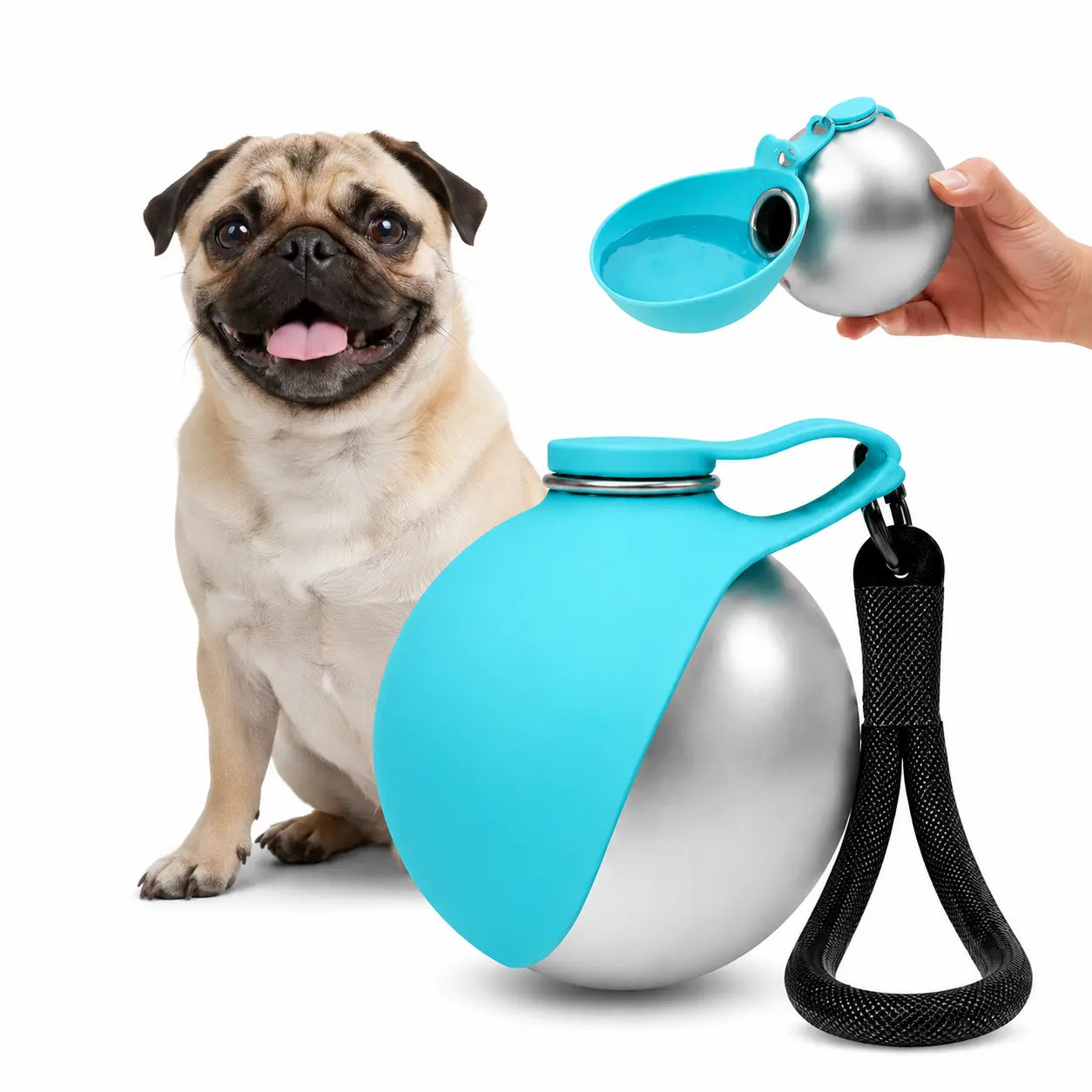 Portable 2-in-1 Dog Water Bottle, 10oz Stainless Steel Leak-Proof with Foldable Silicone Bowl, Ideal for Outdoor Travel, Hiking, and Camping - Blue