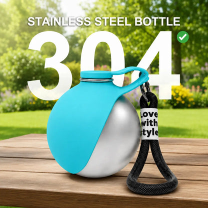 Portable 2-in-1 Dog Water Bottle, 10oz Stainless Steel Leak-Proof with Foldable Silicone Bowl, Ideal for Outdoor Travel, Hiking, and Camping - Blue