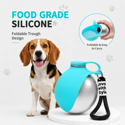Portable 2-in-1 Dog Water Bottle, 10oz Stainless Steel Leak-Proof with Foldable Silicone Bowl, Ideal for Outdoor Travel, Hiking, and Camping - Blue
