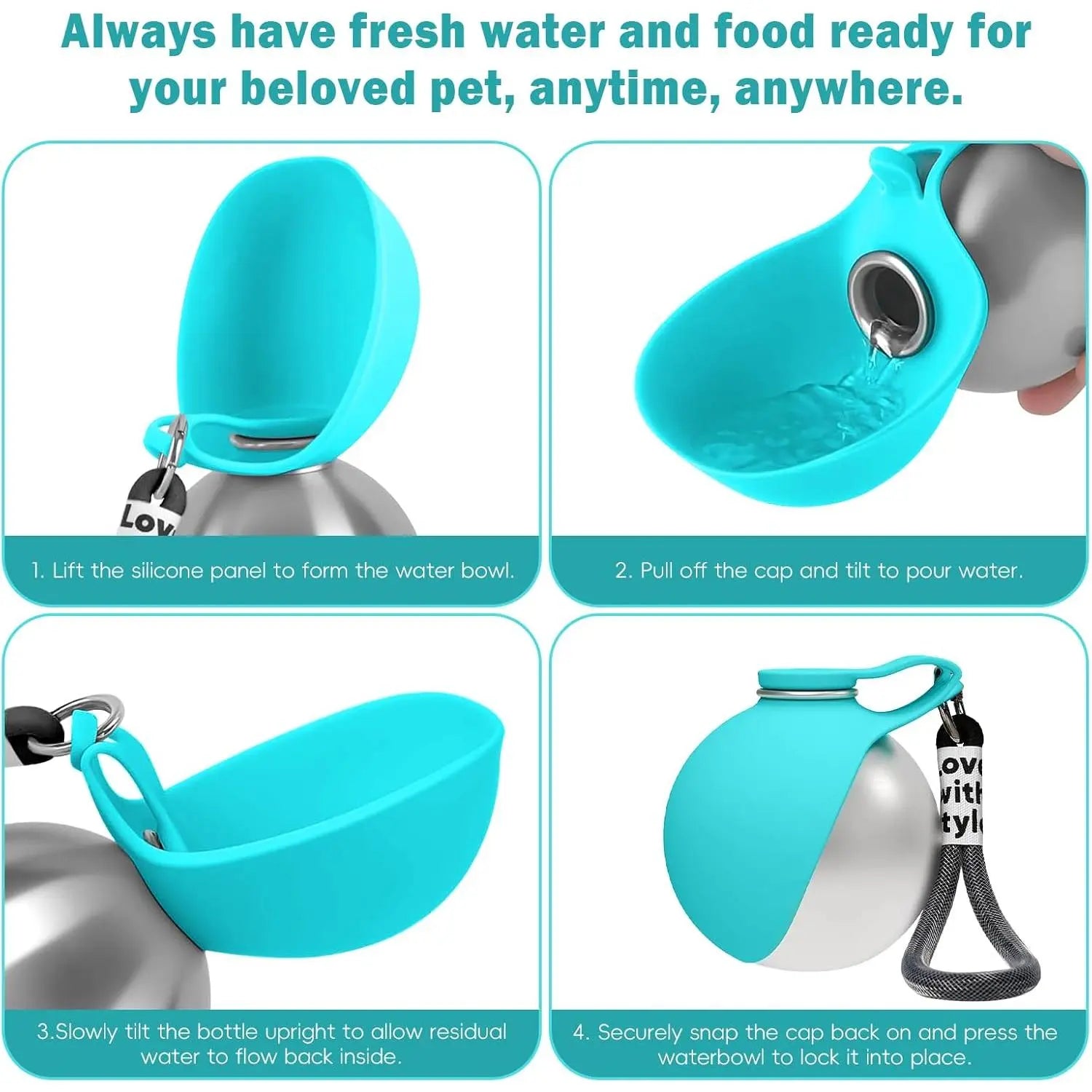 Portable 2-in-1 Dog Water Bottle, 10oz Stainless Steel Leak-Proof with Foldable Silicone Bowl, Ideal for Outdoor Travel, Hiking, and Camping - Blue