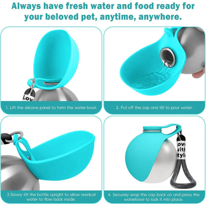 Portable 2-in-1 Dog Water Bottle, 10oz Stainless Steel Leak-Proof with Foldable Silicone Bowl, Ideal for Outdoor Travel, Hiking, and Camping - Blue