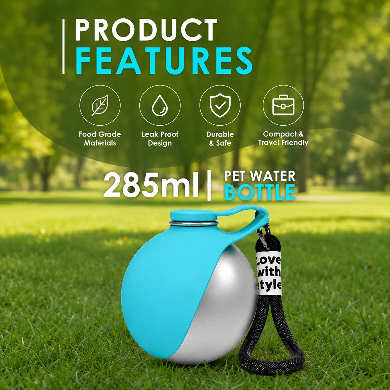 Portable 2-in-1 Dog Water Bottle, 10oz Stainless Steel Leak-Proof with Foldable Silicone Bowl, Ideal for Outdoor Travel, Hiking, and Camping - Blue