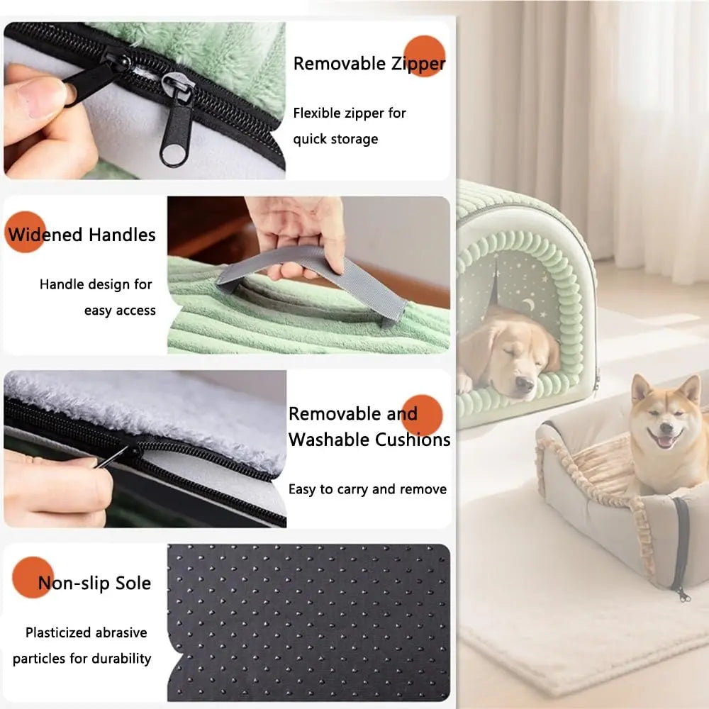 Classic Fabric Dog Bed with Removable Shelter - Soft, Machine Washable Tent Design for Small Dogs, Compact and Portable Indoor Retreat for Bedroom and Living Room
