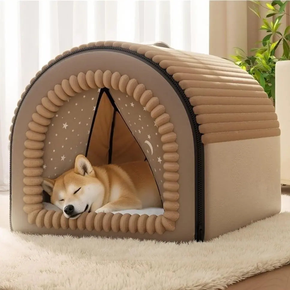 Classic Fabric Dog Bed with Removable Shelter - Soft, Machine Washable Tent Design for Small Dogs, Compact and Portable Indoor Retreat for Bedroom and Living Room