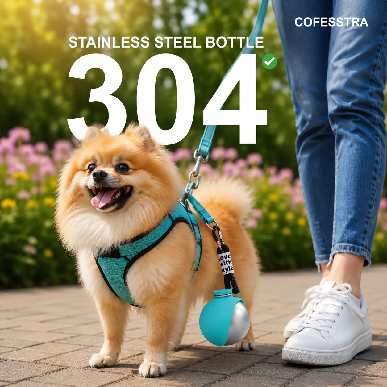 Portable 2-in-1 Dog Water Bottle, 10oz Stainless Steel Leak-Proof with Foldable Silicone Bowl, Ideal for Outdoor Travel, Hiking, and Camping - Blue